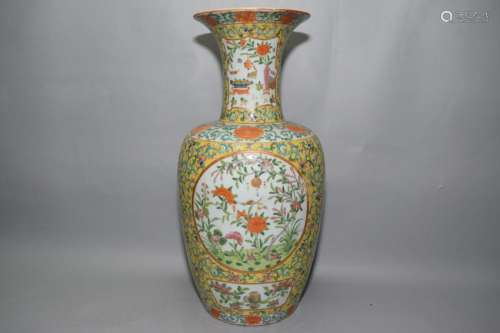 19th C. Chinese Yellow Glaze Famille Rose Vase