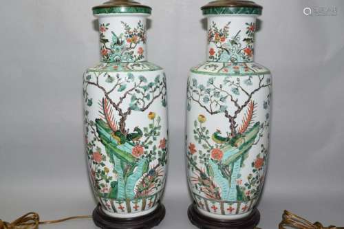 Pair of Chinese WuCai Bird and Flower Vase Lamps