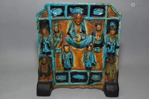 Ming Chinese FaHua Glaze Carved Figures Table Screen