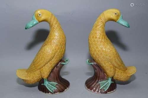 Pair of 19-20th C. Chinese Sancai Carved Ducks