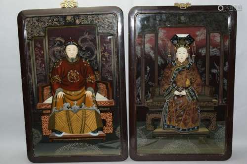 Pair of Chinese Reverse Painted Glass Plaques