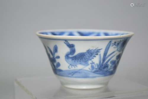 Kangxi Chinese Blue and White Bird and Flower Cup