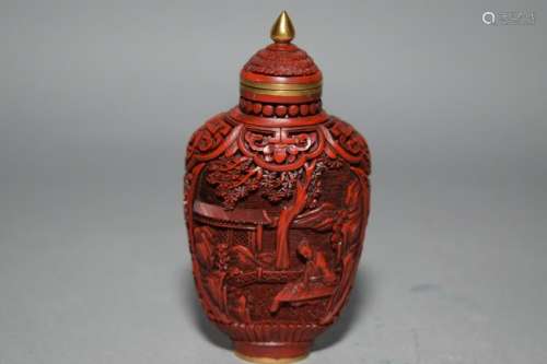 Qing Chinese Cinnabar Carved Figures Snuff Bottle
