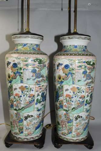 Pair of Large Qing Chinese WuCai Vignette Vase Lamps
