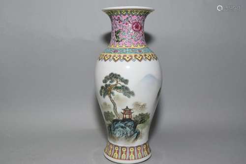 1950-70s Chinese Famille Rose Landscape Vase