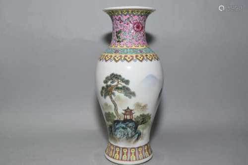 1950-70s Chinese Famille Rose Landscape Vase