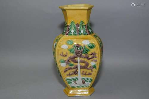 19-20th C. Chinese Sancai Carved Dragon Vase