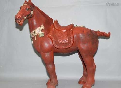 Chinese Precious Stone Inlay Cinnabar Carved Horse