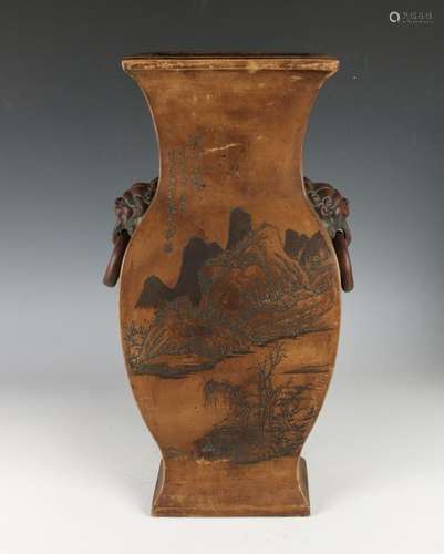 BRONZE LANDSCAPE VASE WITH HANDLES