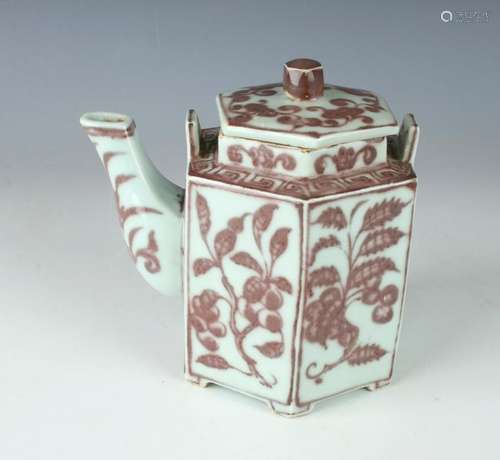 CELADON & RED HEXAGONAL TEA POT