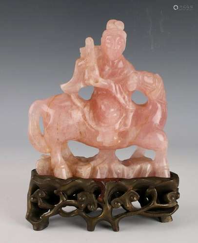 CARVED ROSE QUARTZ MAN ON HORSEBACK