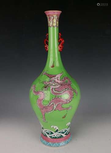 LIME GREEN VASE WITH DRAGONS