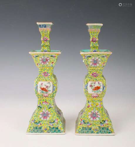 PAIR OF FAMILLE JAUNE CANDLESTICKS