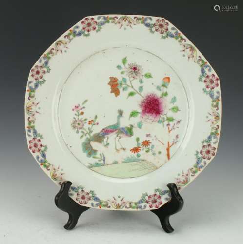 OCTAGONAL PLATE WITH FLORAL PATTERN AND PEACOCKS