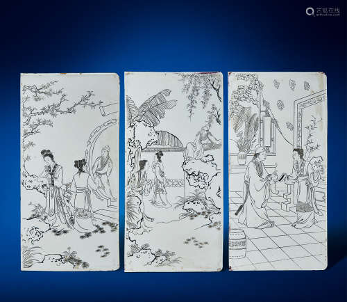 19世纪 刻瓷《西厢记》故事图瓷板 （三件）