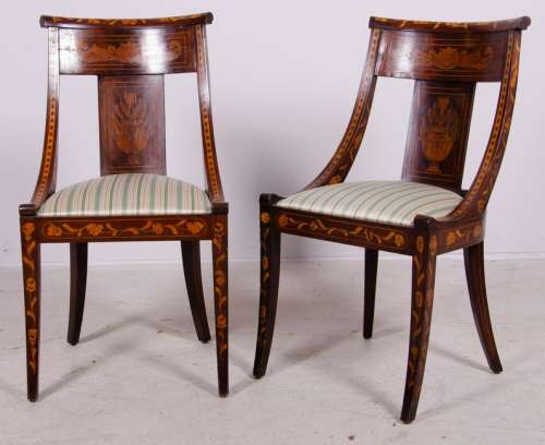Pr Dutch marquetry inlaid side chairs,  mid-19th c