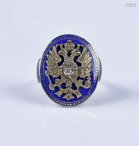 18K YG & black enamel Russian eagle ring