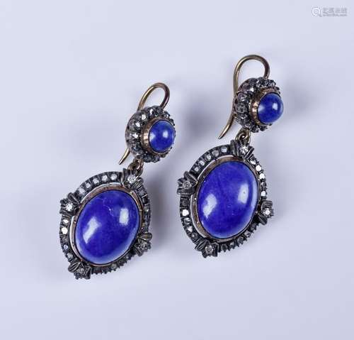 Pr antique 18K YG lapis and diamond drop earrings