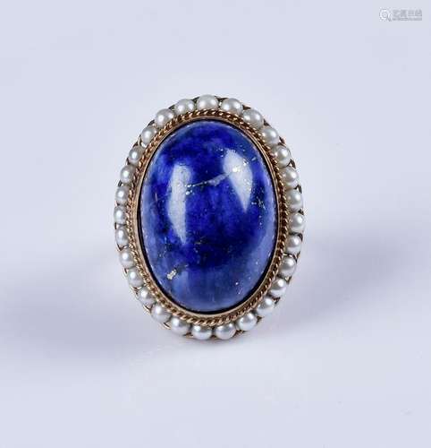 Unmarked 14K YG lapis and pearl ring