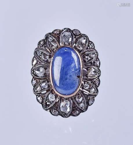 14K YG sapphire & rose cut diamond antique ring