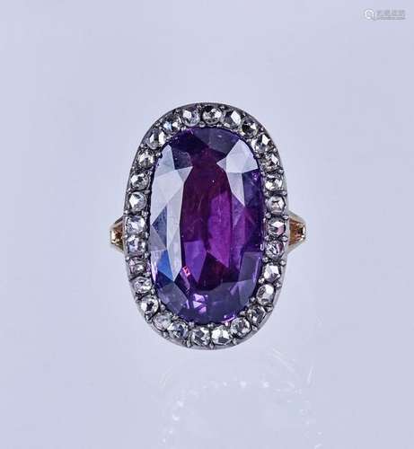 14K YG amethyst & diamond ring