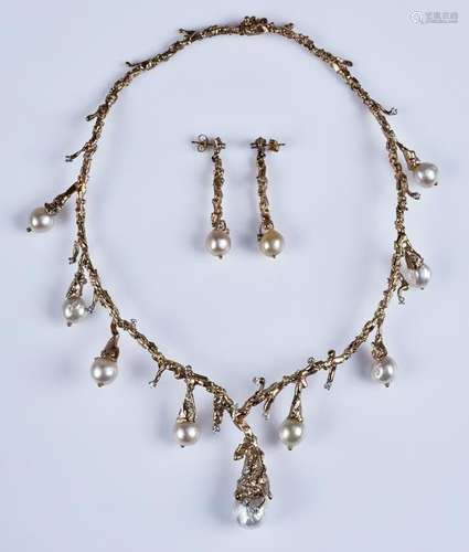 14K YG necklace/earring set, baroque pearls