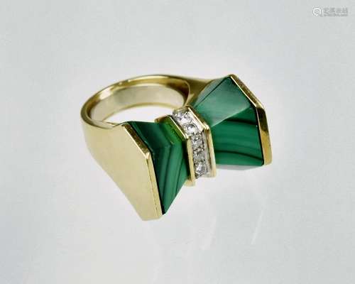 18K YG diamond and malachite Modernist ring