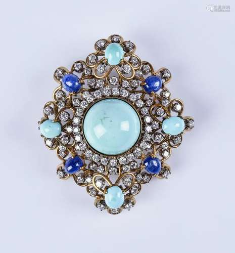 18K YG Gutschneider turquoise & diamond brooch