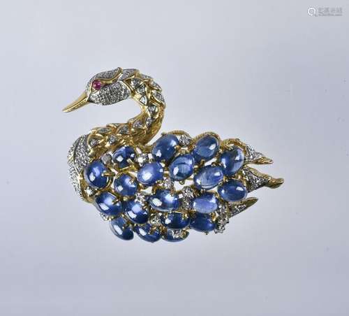 14K YG sapphire & diamond swan brooch