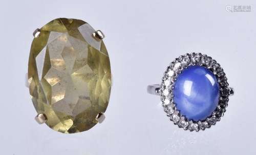 (2) 14K YG rings, synthetic star sapphire, quartz