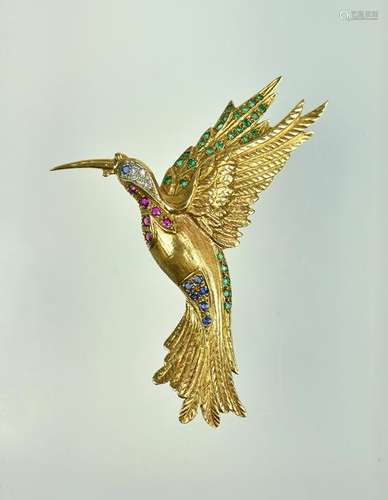 14K YG flying bird brooch, diamonds, sapphires