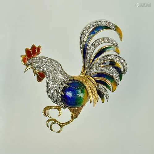 18K YG enameled diamond rooster brooch