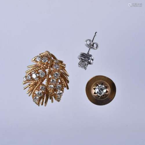 (3) items: (2) diamond earrings, button; leaf clip