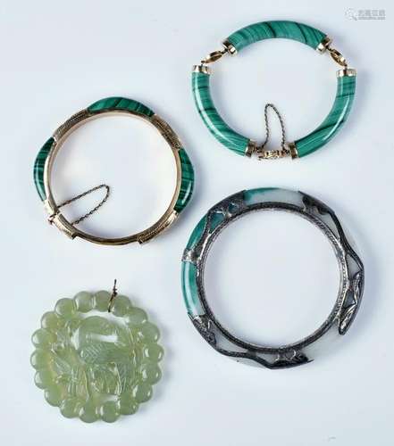 2 jade/malachite bracelets w/14K mounts