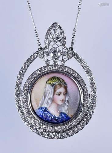 Platinum diamond & enamel portrait brooch