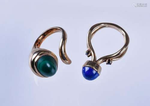 14K YG & cabochon malachite ladies ring, lapis ring