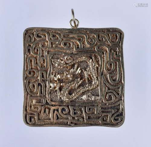 14K YG square dragon archaic design pendant