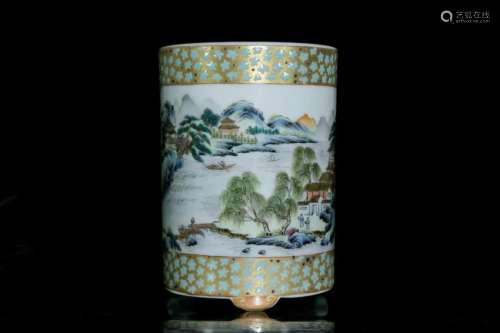 A famille-rose brush pot with royal poetry
