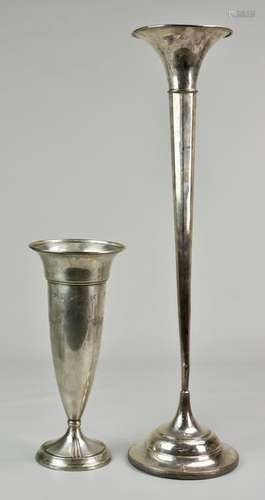 (2) weighted sterling silver trumpet vases, 24