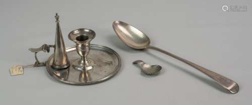 3 pcs Georgian silver, chamberstick, 2 spoons