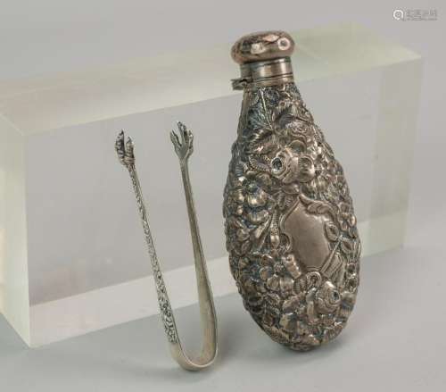 Durgin sterling silver floral repousse flask