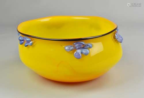 Signed John Chiles Art Glass Bowl w/Blue Flowers