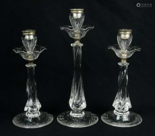 (3) Etched Crystal Candlesticks