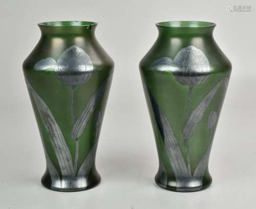 Pr Green Glass Silver Overlay Vases