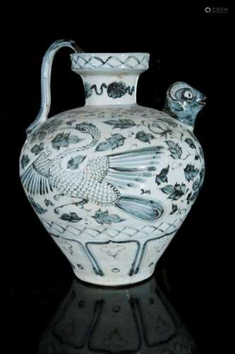 A blue and white 'flower and bird' ewer