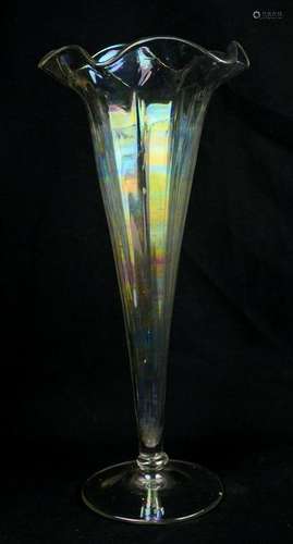 Tall Iridescent Glass Footed Trumpet Vase