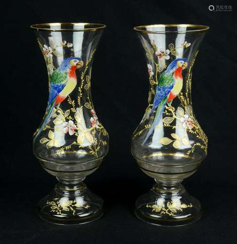 Pr Glass Vases With Enamel Parrots