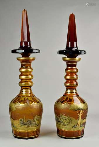 Pr Amber Bohemian Moser Style Glass Decanters