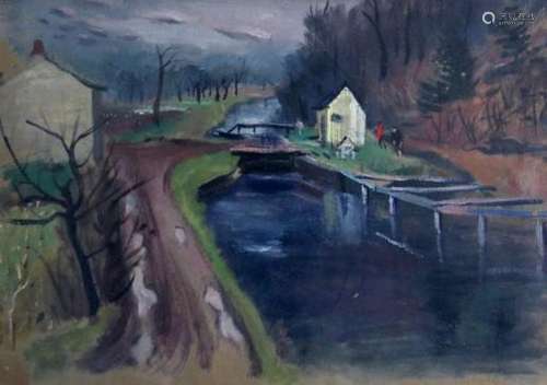 Louis Bosa, House on Canal, Watercolor on Paper