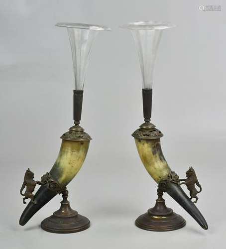 Pair of Horn Mounted Epergne Vases